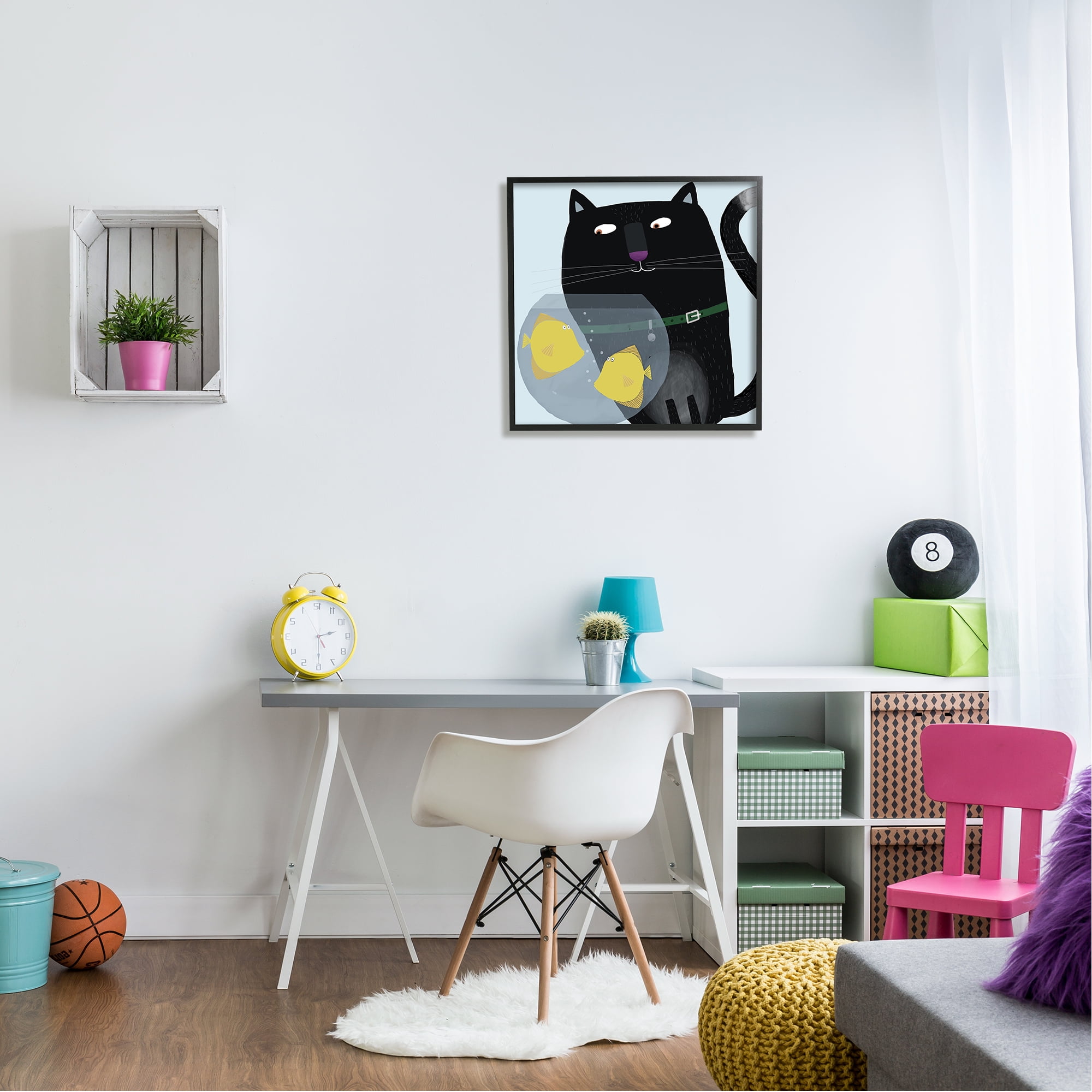 Stupell Industries Black Cat Eyeing Fish Bowl Animals & Insects Painting Black Framed Art Print Wall Art