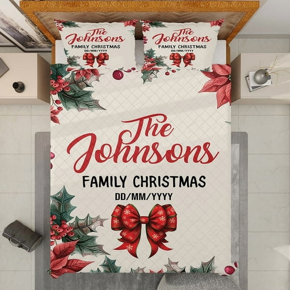 Personalized Christmas Quilt Bedding Set - Family Christmas Quilt Bed Set with Custom Name & Date, Holiday Decor for Bedroom, Festive Holiday Bedding