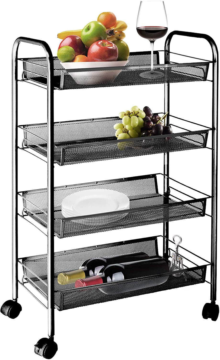 White Mobile Shelving with 4 Mesh Wire Storage Baskets Easy Assembly Storage Cart for Kitchen Laundry Room Bathroom Office & Dresser 【US Fast Shipment】4-Tier Rolling Utility Cart 