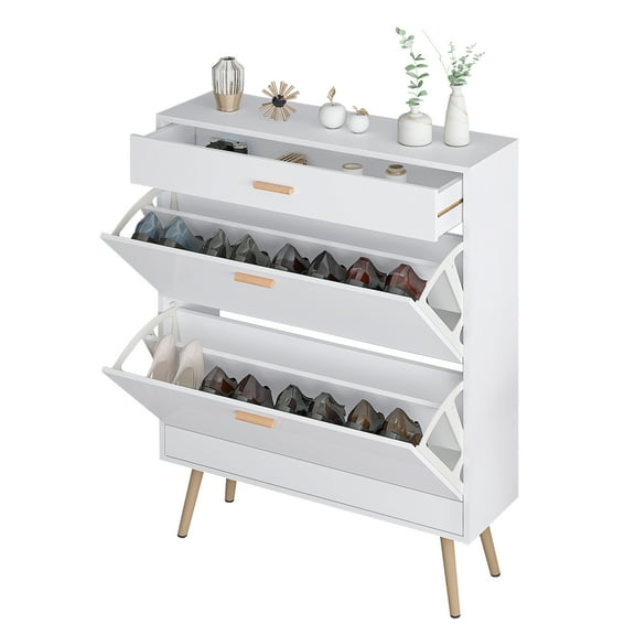 EasingRoom White Shoe Cabinet with 2 Flip Drawers, Freestanding Shoe Rack Shoe Storage Cupboard Organizer Unit for Home and Apartment