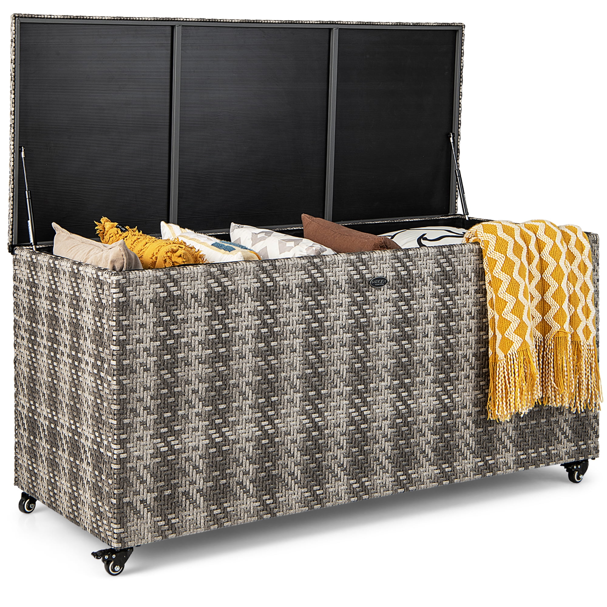 GOPLUS Banc de Jardin avec Boîte de Rangement, Coffre de Rangement Extérieur en Bois d'Acacia GOPLUS Banc de Jardin avec Boîte de Rangement, Coffre de Rangement Extérieur en Bois d'Acacia