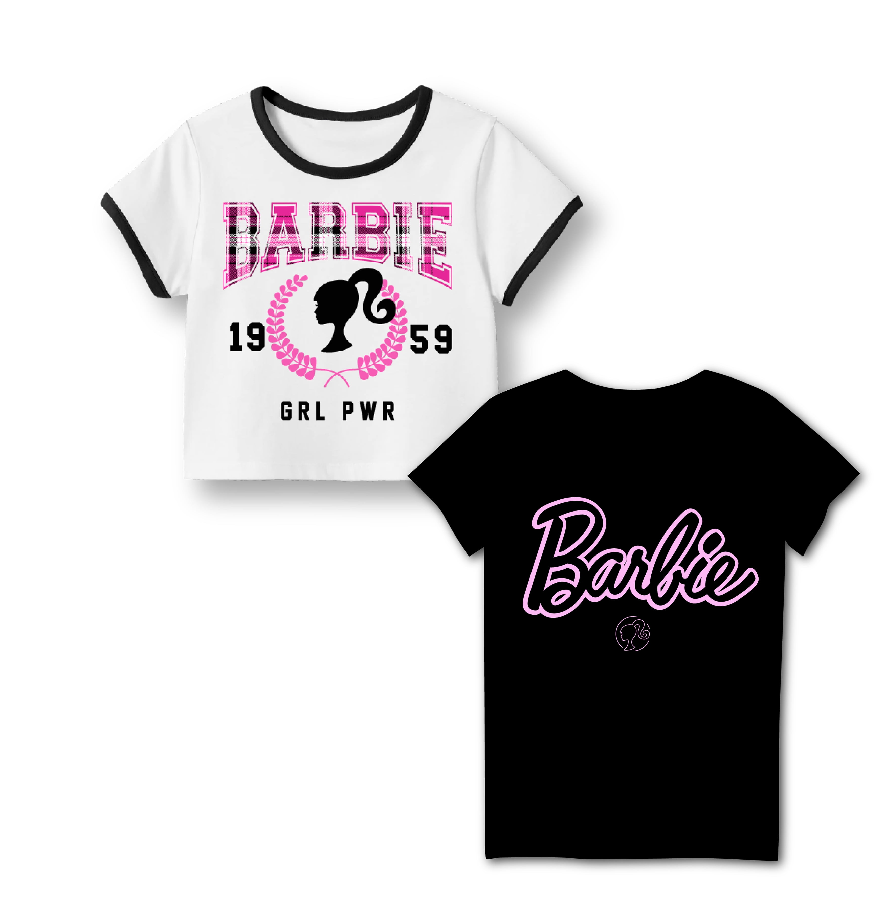 Barbie Girls Tee Varsity Text 1959 GRL PWR Babie Logo Silhouette T-shirts for Girls 2-Pack