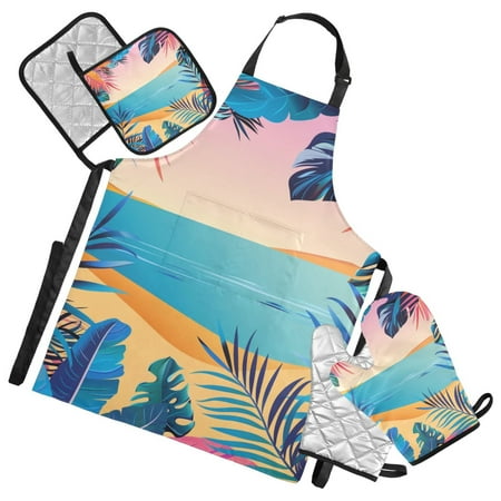 Beach and Leaf 5 Pcs Kitchen Set Heat Resistant Oven Mitts and Non-Slip Pot Holders with Adjustable Cooking Apron
