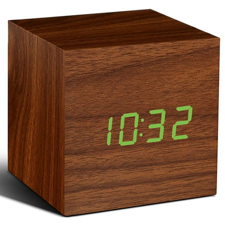 Gingko Walnut Cube Digital Click Clock/Green LED Alarm Clock GK08G8