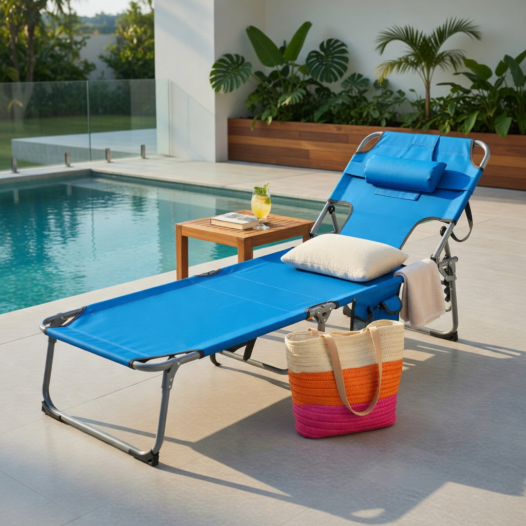 Hommoo Adjustable Folding Beach Lounge Chair with Removable Pillow, Lightweight Aluminum Frame, Portable for Beach, Pool & Patio, Blue