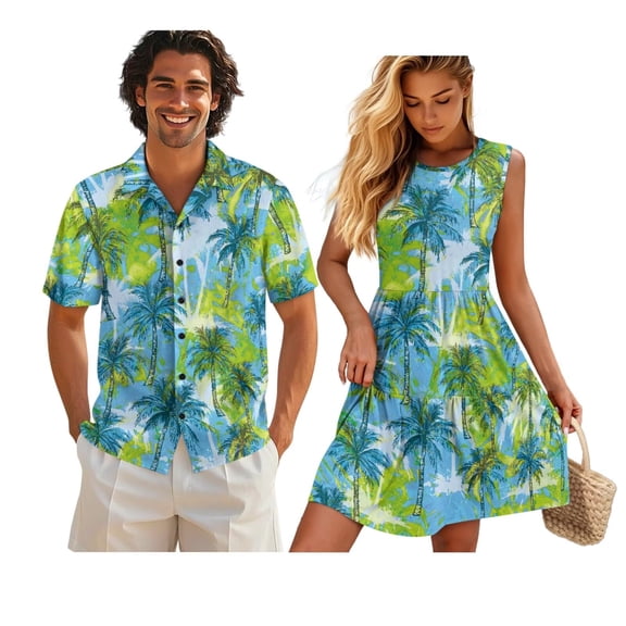 KUIFORTI Husband and Wife Clothing Washable Couple Matching Outfits with Soft Fabric 4-Way Stretch Tropical Palm Tree Mens Shirts Fashionable Fit for Honeymoon Trip