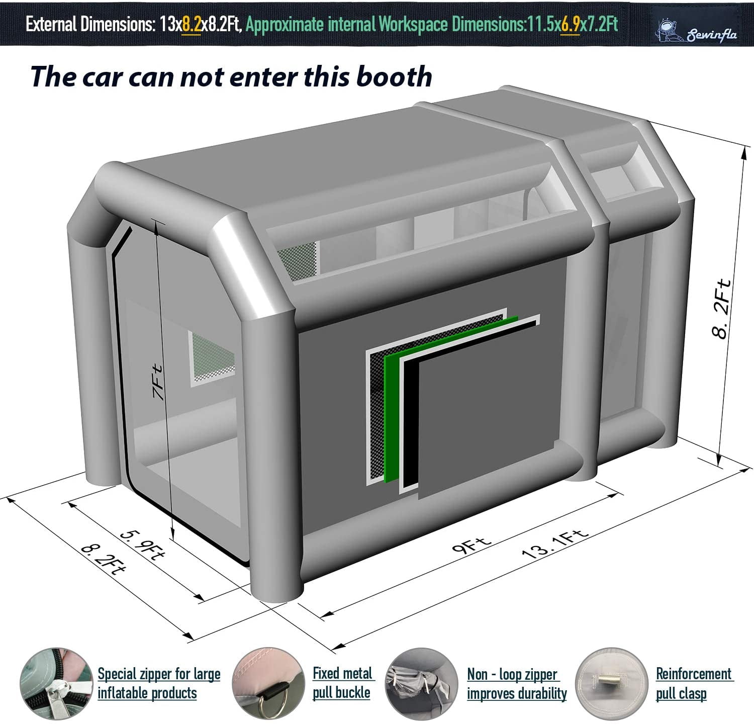 Sewinfla Inflatable Paint Booth 13x8.2x8.2Ft with Blowers Professional Inflatable Spray Booth