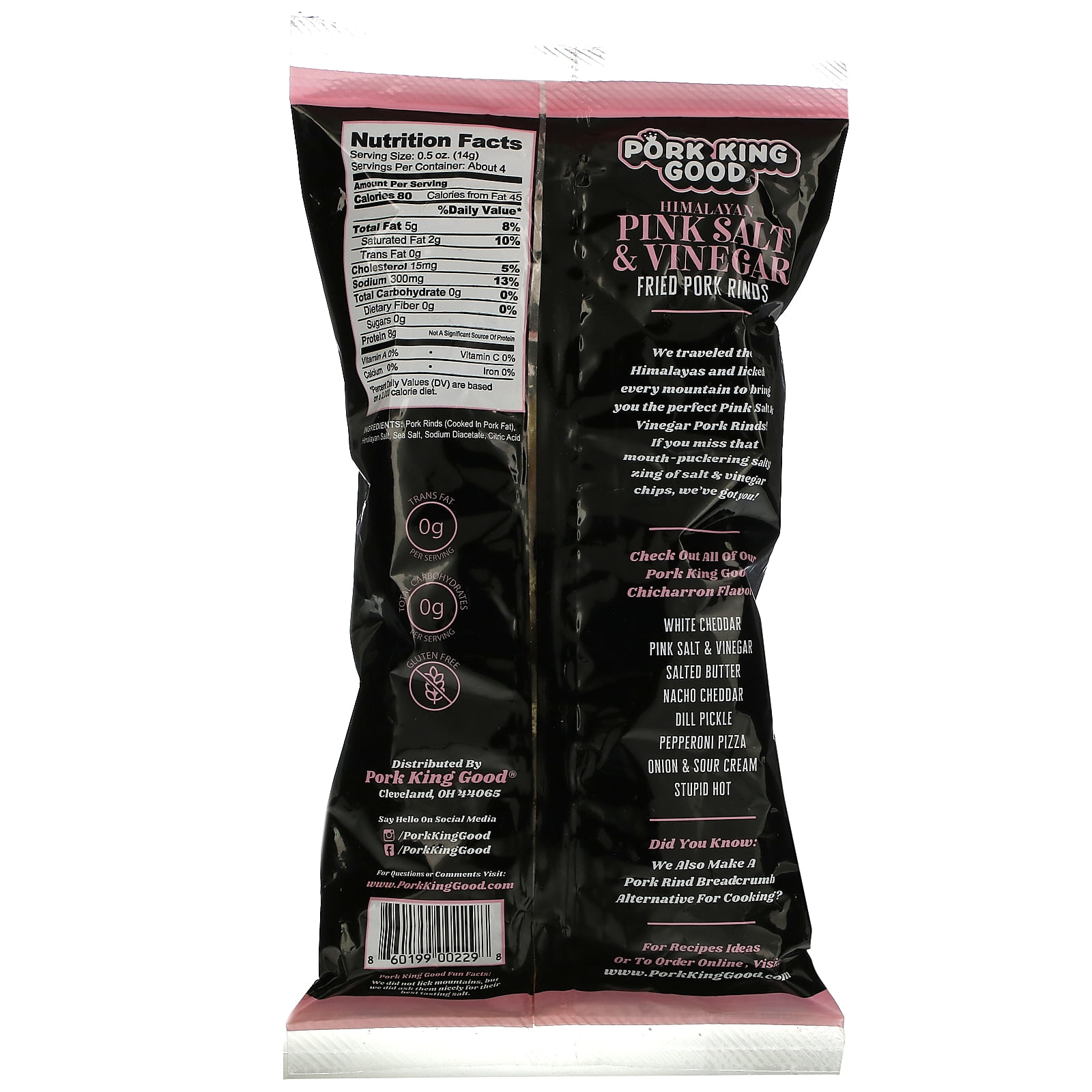 (4 pack) Pork King Good Himalayan Pink Salt & Vinegar Pork Rinds, 1.75 oz Bag