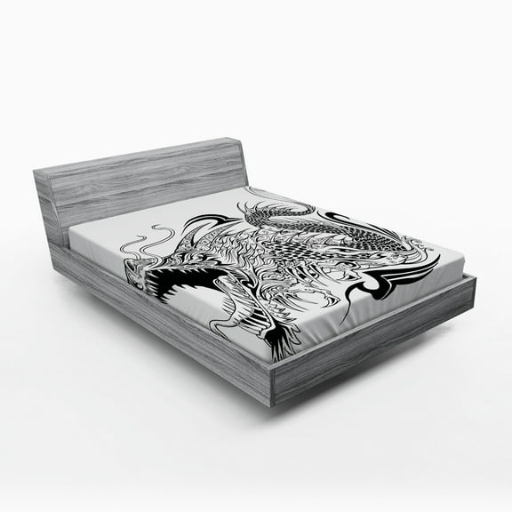 Ambesonne Dragon Fitted Sheet, Creature Art, Full Size, Black White