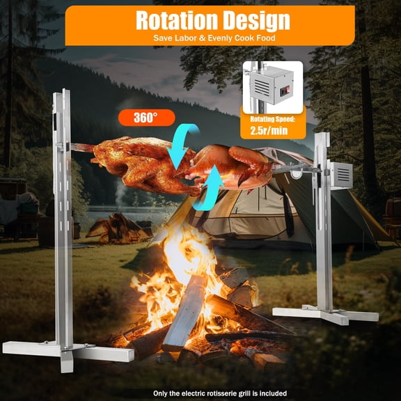 Portable BBQ Pig Lamb Spit Roaster Rotisserie Kit 53in Long Spit Rod 110V Silver for Wilderness and Camping