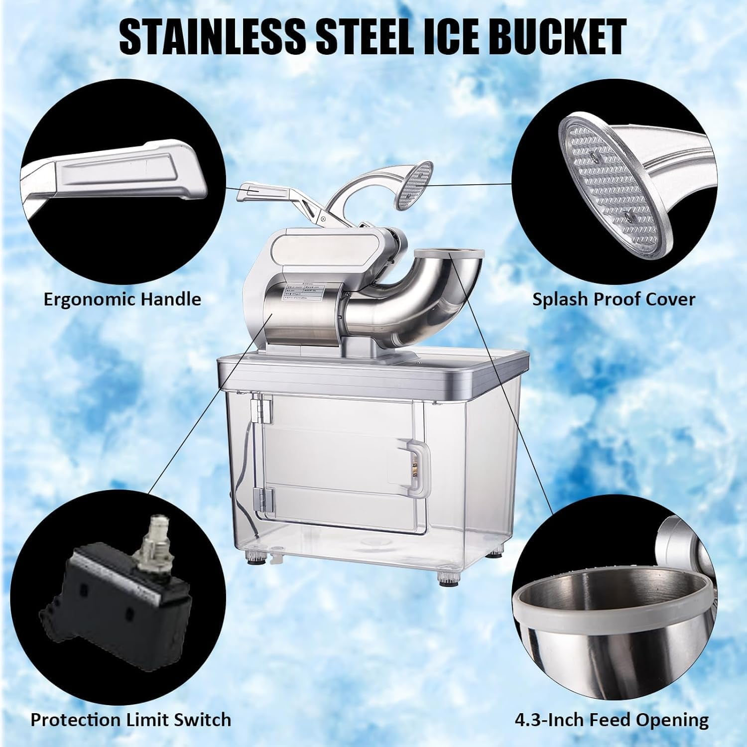 Commercial Ice Crusher Machine, 350W, 661 LBS/H, Ice Shaver Maker with 4 Stainless Steel Blades, 10 Gal Storage Box, Ice Scoop, Snow Cone Machine for Home Bar Cafes, Silver