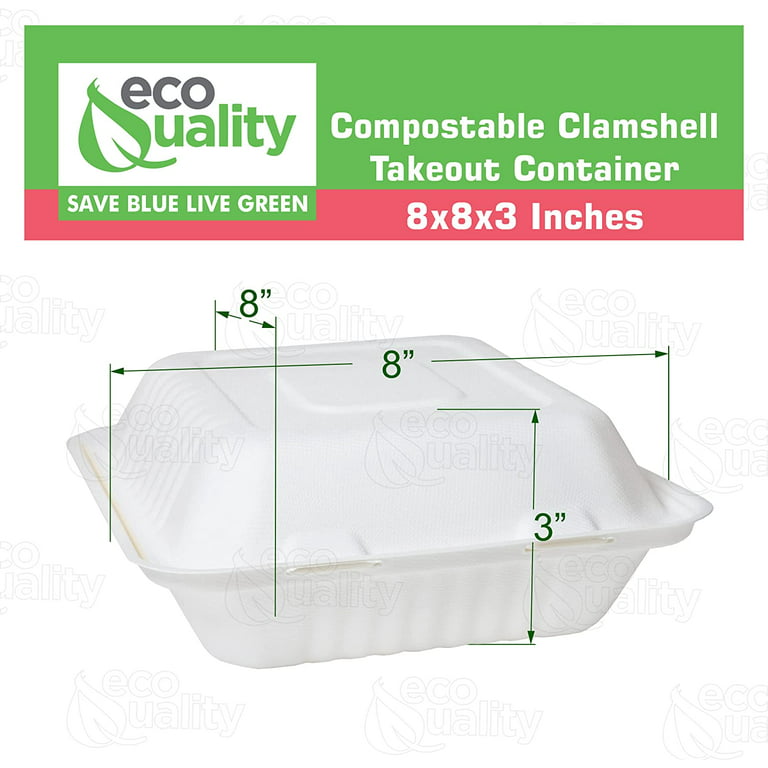 Raj Eco To Go Containers Compostable Clamshell Disposable, [8x8 50-Pack]  Take out Box With Hinged Lids, Meal-Prep, Eco Friendly, Biodegradable, food
