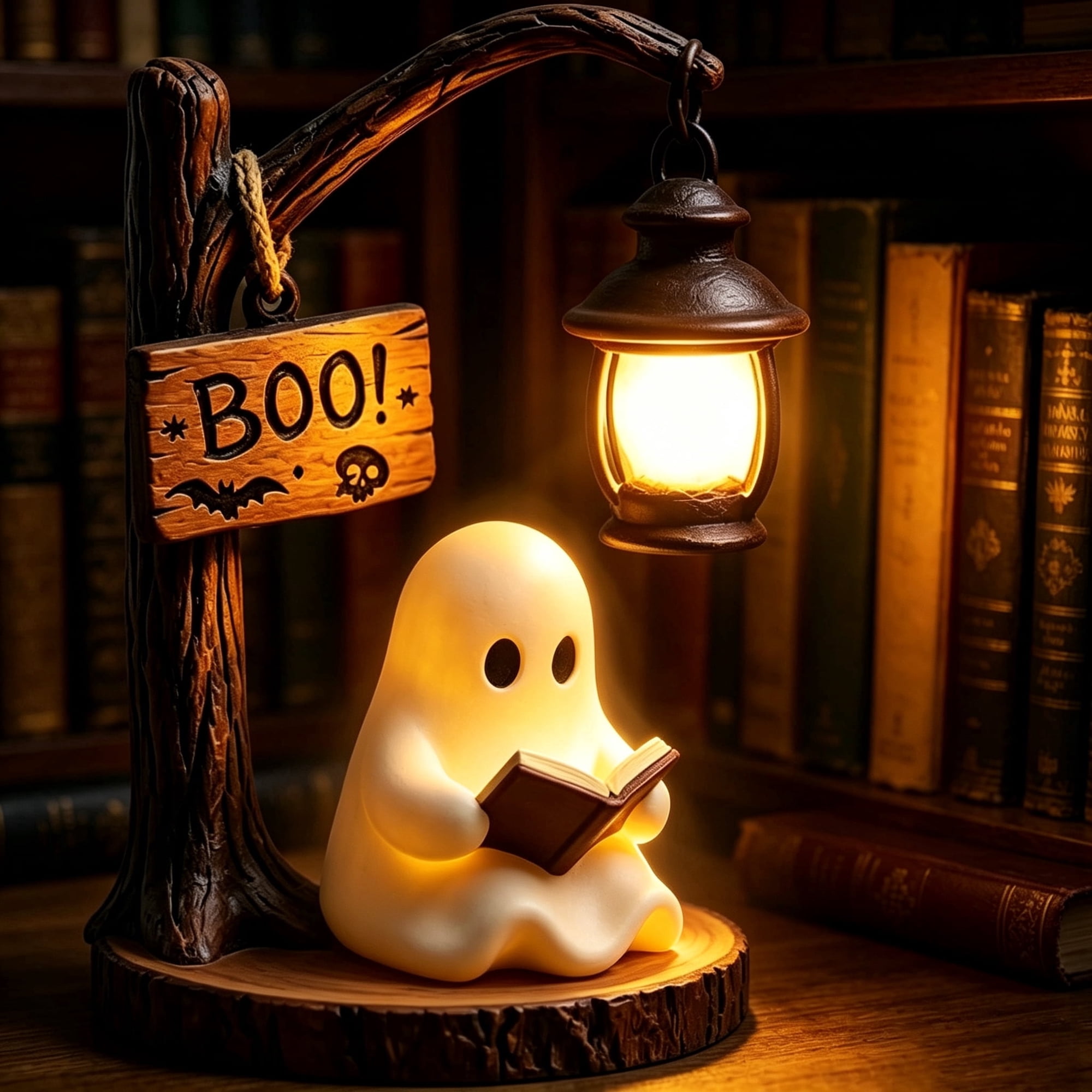 Ghost Reading Book Lamp,Vintage Halloween Decor Gifts Under 20 3D Resin Halloween Figurine, Tabletop Ornament for Holiday Decor Supplies