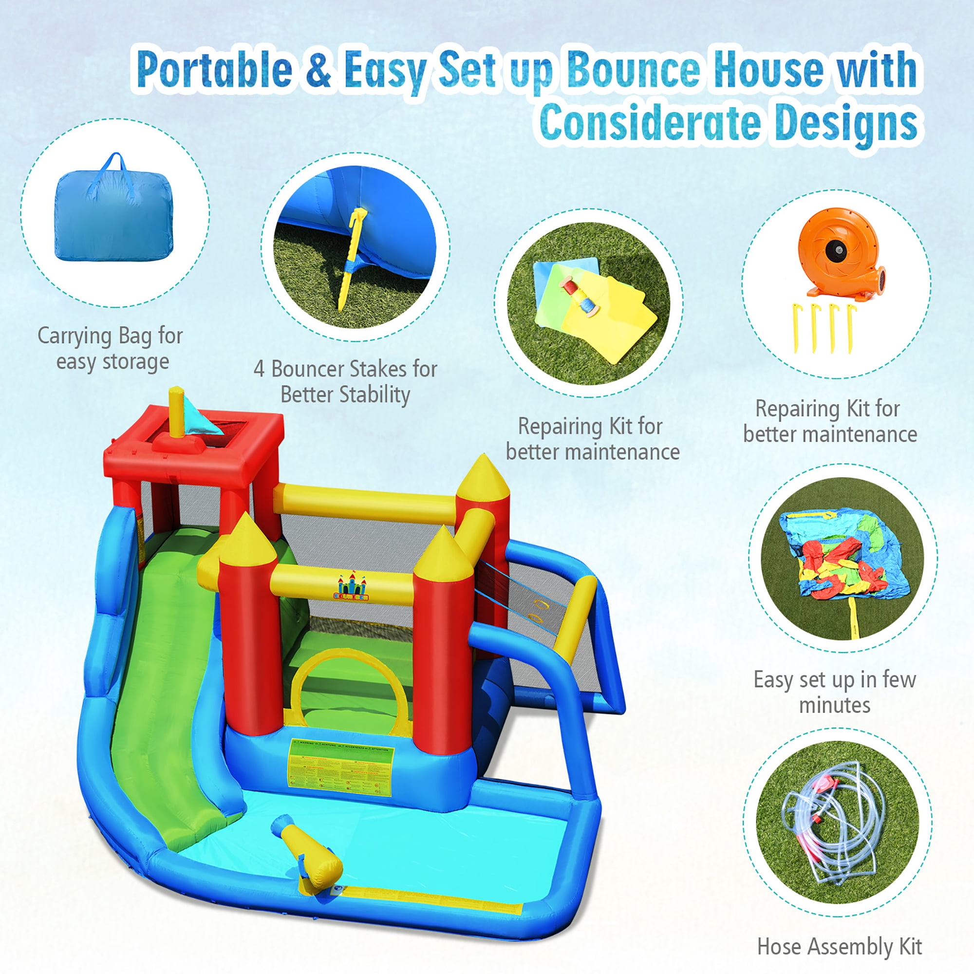 Costway Inflatable Bouncer Water Climb Slide Bounce House Splash Pool with Blower for Toddler, Bouncy Water Park