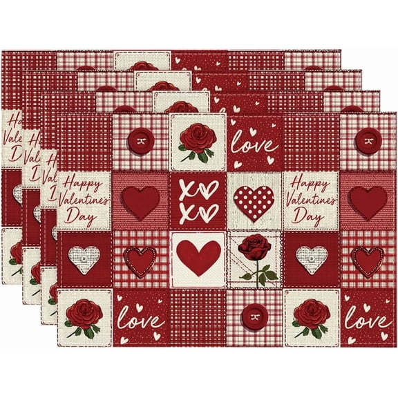 Buffalo Plaid Love Hearts Valentine Placemats Set of 4, 12x18 Inch Anniversary Wedding Table Mats for Party Kitchen Dining Decoration