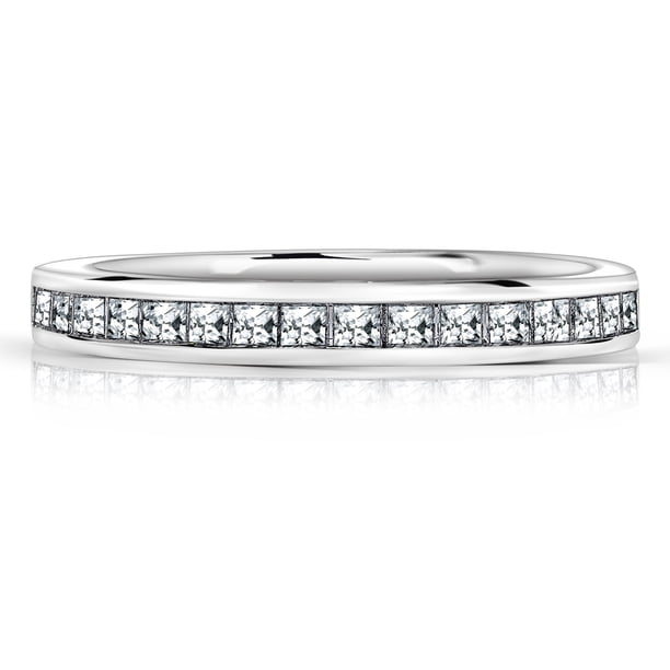 JeenMata Alianza de Bodas de 0,25 Quilates con Piedra Natal de Abril en Corte Princesa: Banda con Canal Pavé, Baño de Oro Blanco de 18 K sobre Plata