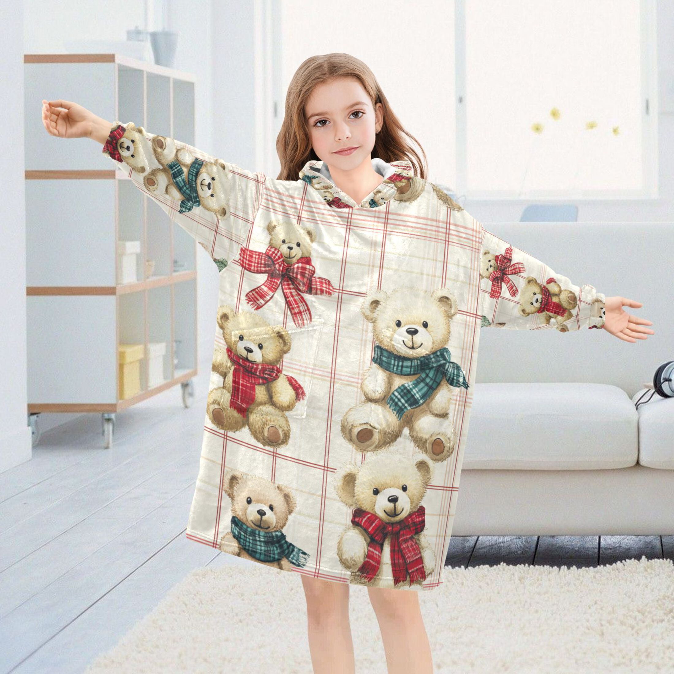 YAZAOO Kids Wearable Blanket Hoodie Warm and Cozy Bear Hugs and Checkered Love Flannel Sweatshirt