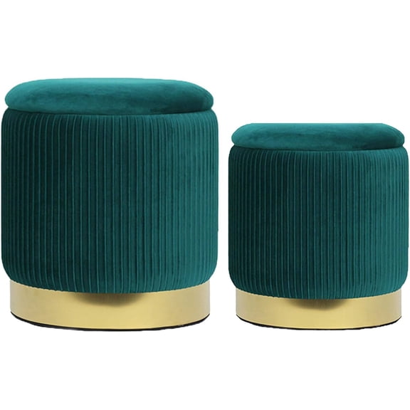Green Velvet Round Storage Ottoman Set of 2 – Nesting Foot Stool with Removable Lid, for Living Room or Bedroom