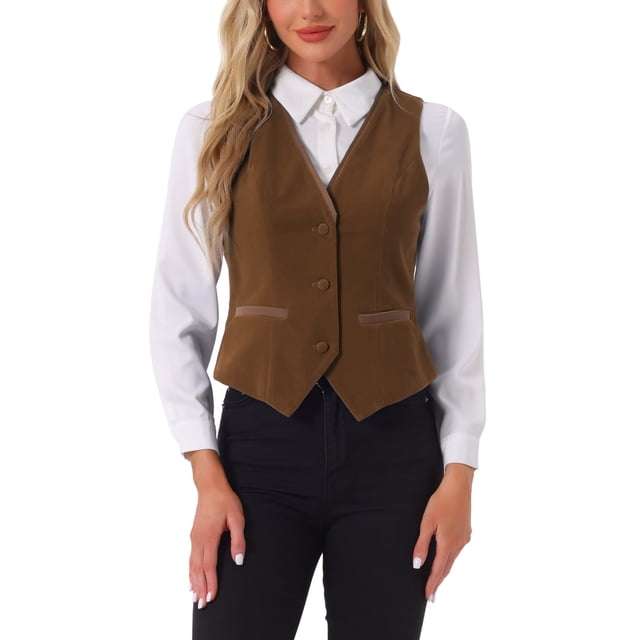 Chaleco de terciopelo INSPIRE CHIC para mujer, sin mangas, estilo retro, blazer steampunk, chaleco elegante, talla XS, marrón oscuro