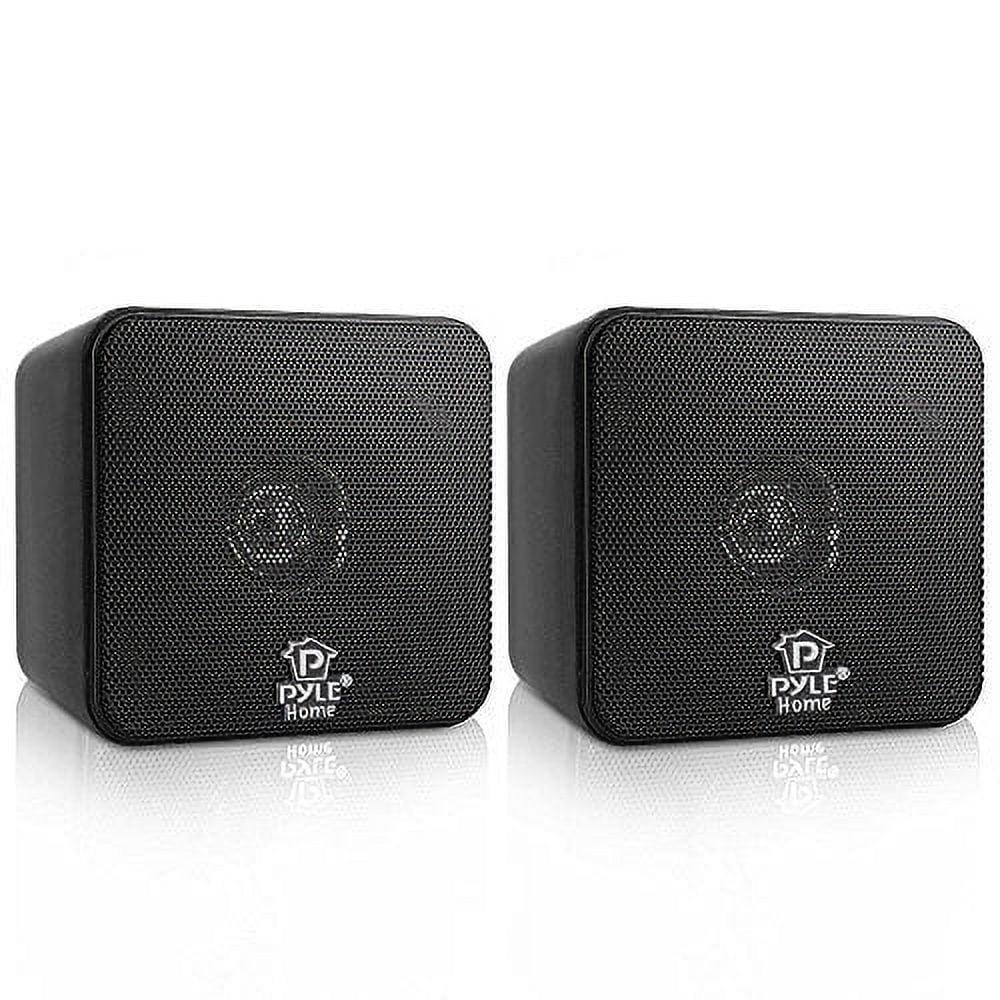 4? Mini Cube Bookshelf Speakers - Paper Cone Driver, 200 Watt Power, 8 Ohm Impedance, Video Shielding, Home Theater Application and Audio Stereo Surround Sound System - 1 Pair - Pyle PCB4BK