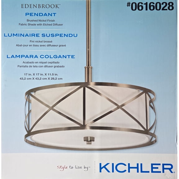 Kichler Edenbrook Brushed Nickel Modern/Contemporary Etched Glass Drum Pendant Light for Dining Room/Living Room19.86 x 19.15 x 10.91 inches