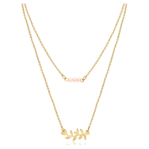 Time and Tru Women's Gold Tone Delicate Duo Layered Peach Glass Bead and Leaf Necklaces.
