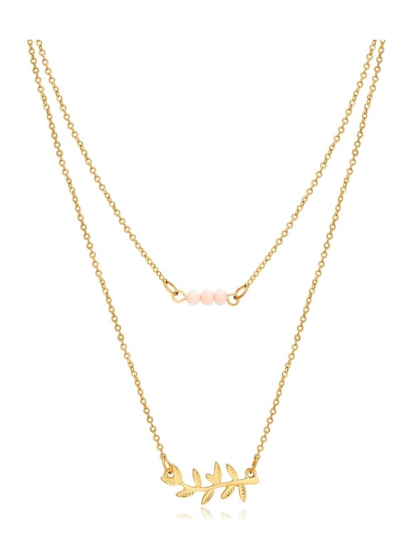 Time and Tru Women's Gold Tone Leaf and Peach Bead Layered Necklace Set, 2-Piece