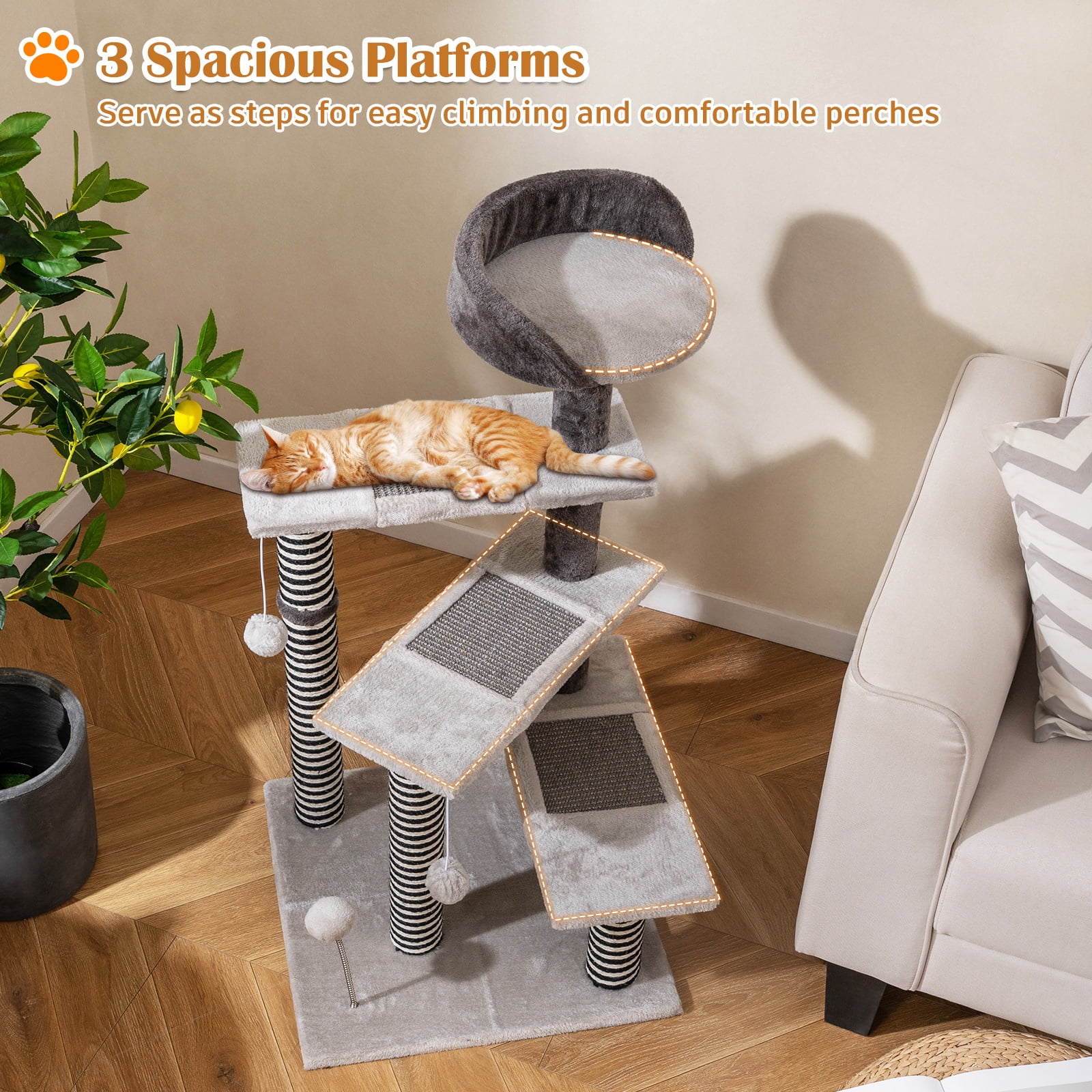 Gymax 2-in-1 Cat Tree Tower Pet Steps w/ Scratching Posts Hanging Toy Ball Perch