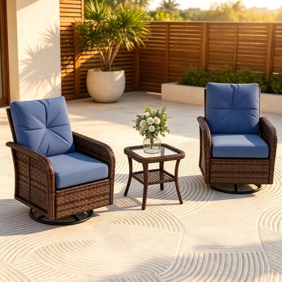 LazySunsets 3 Pieces Outdoor Patio Furniture Set, Rattan Wicker Sectional Swivel Rocker Chairs Sets, Blue/Brown