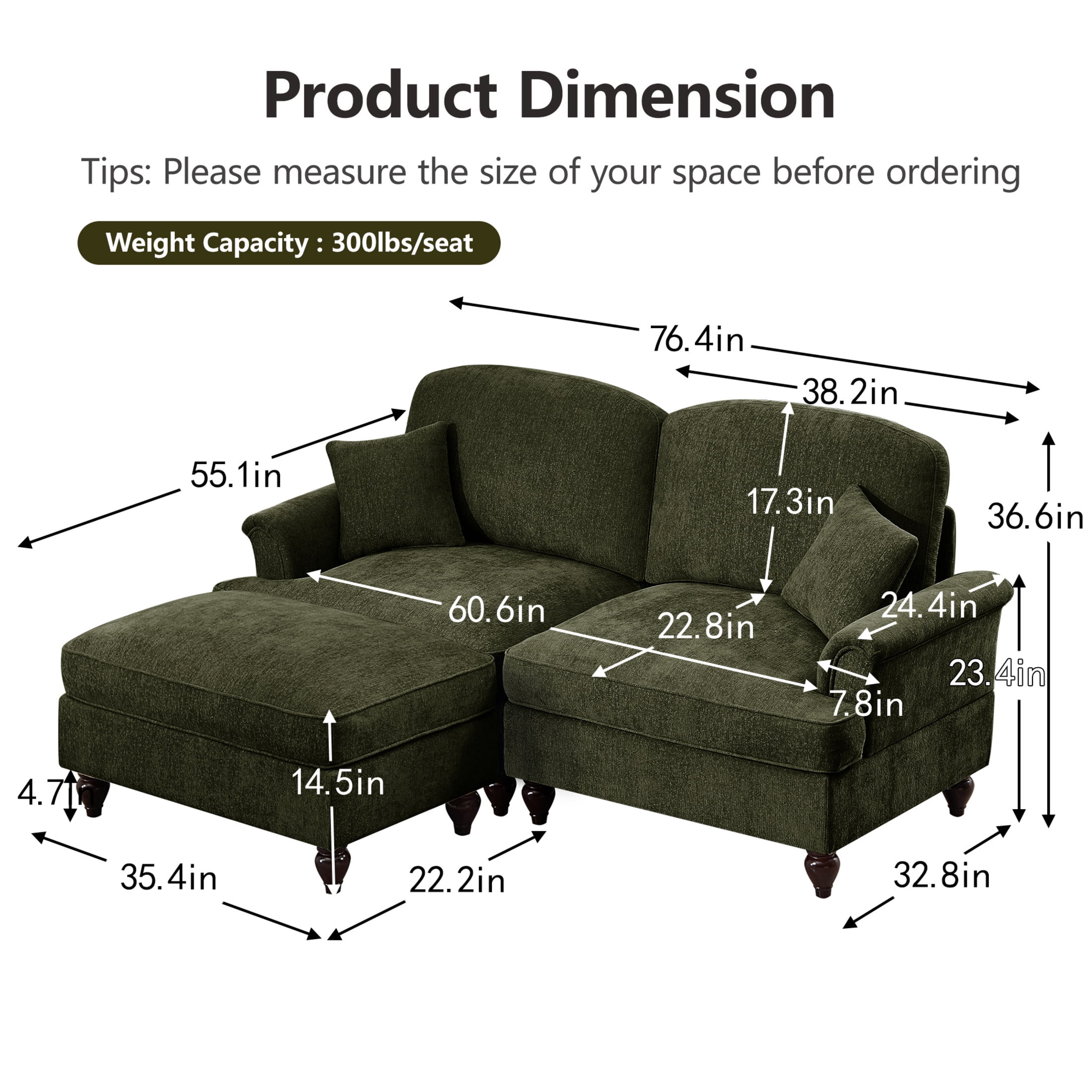 Noble House L-Shaped 2-Seater Sofa with Flared Arms, Removable Pleated Skirt, Spindle Legs, Chenille, Movable Ottoman, Green