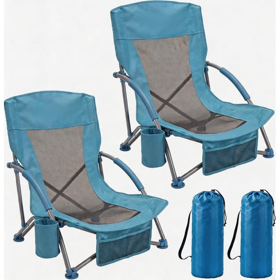 Memoryfield 2 Pack Folding Beach Chair for Adults, Portable Camping Chair with Cup Holder, Storage Pocket & Carry Bag, Outdoor Chair for Beach, Travel, Blue