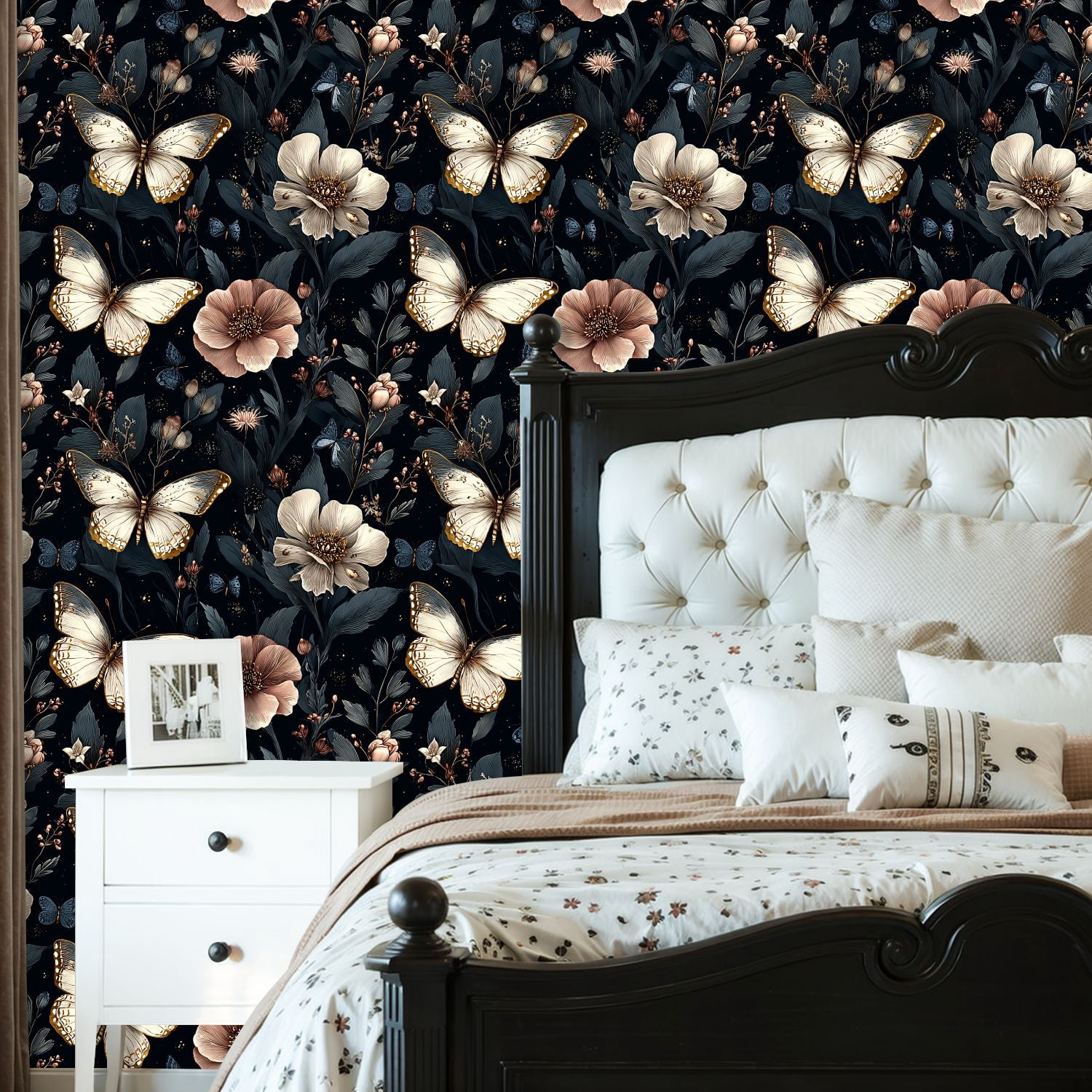 Peel and Stick Wallpaper Elegant Butterflies Floral Dark Wall Mural 23.6in x 9.8ft Self Adhesive Removable Wall Paper Renter Friendly Wallpaper for Nursery Bedroom Cabinets