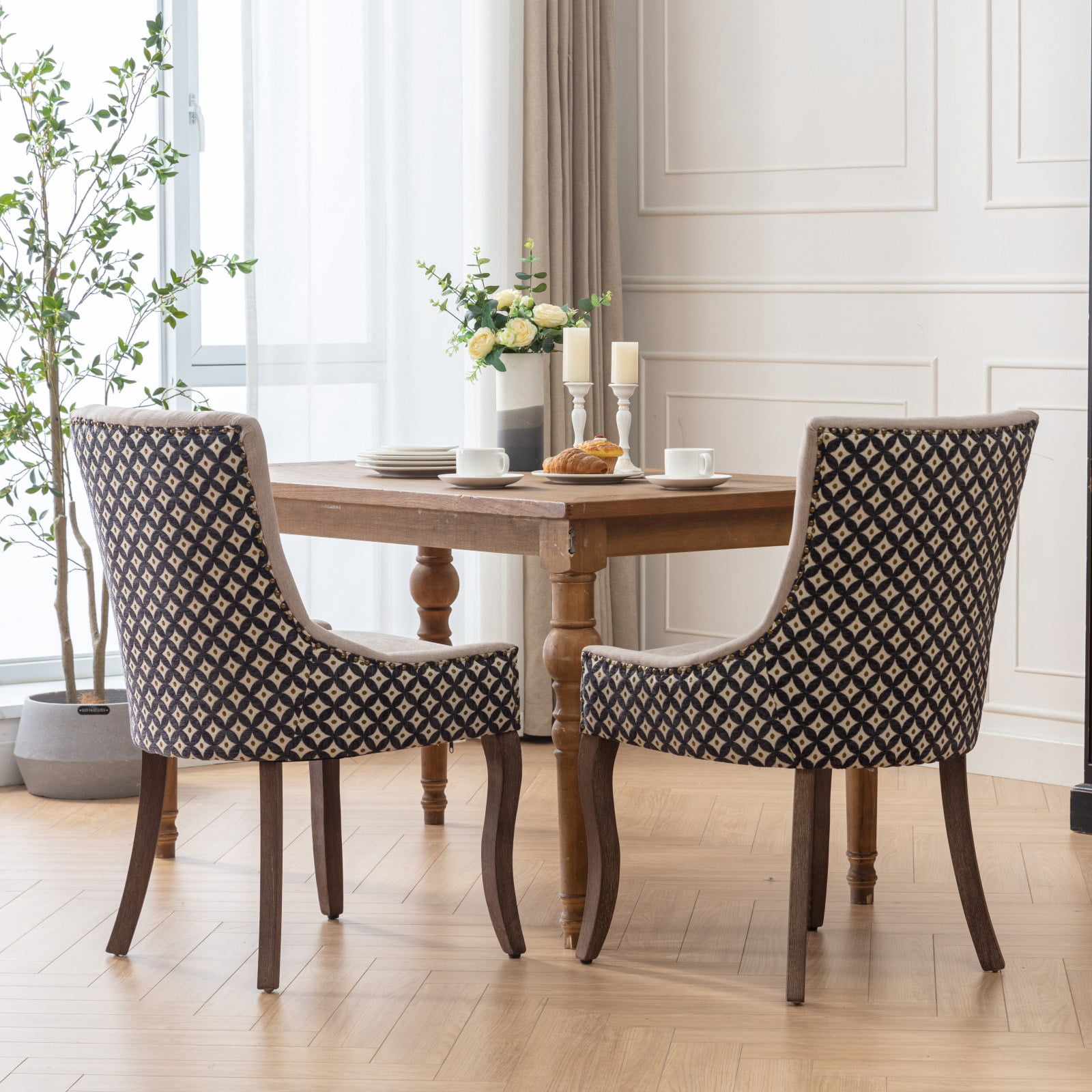 Dining Chairs Set of 2, LEGAHOME Beige Fabric Upholstered Dining Chairs, Mid-century Kitchen Chairs with High Back, Bronze Nail Head, Solid Wood Legs, Beige, 2 Pcs