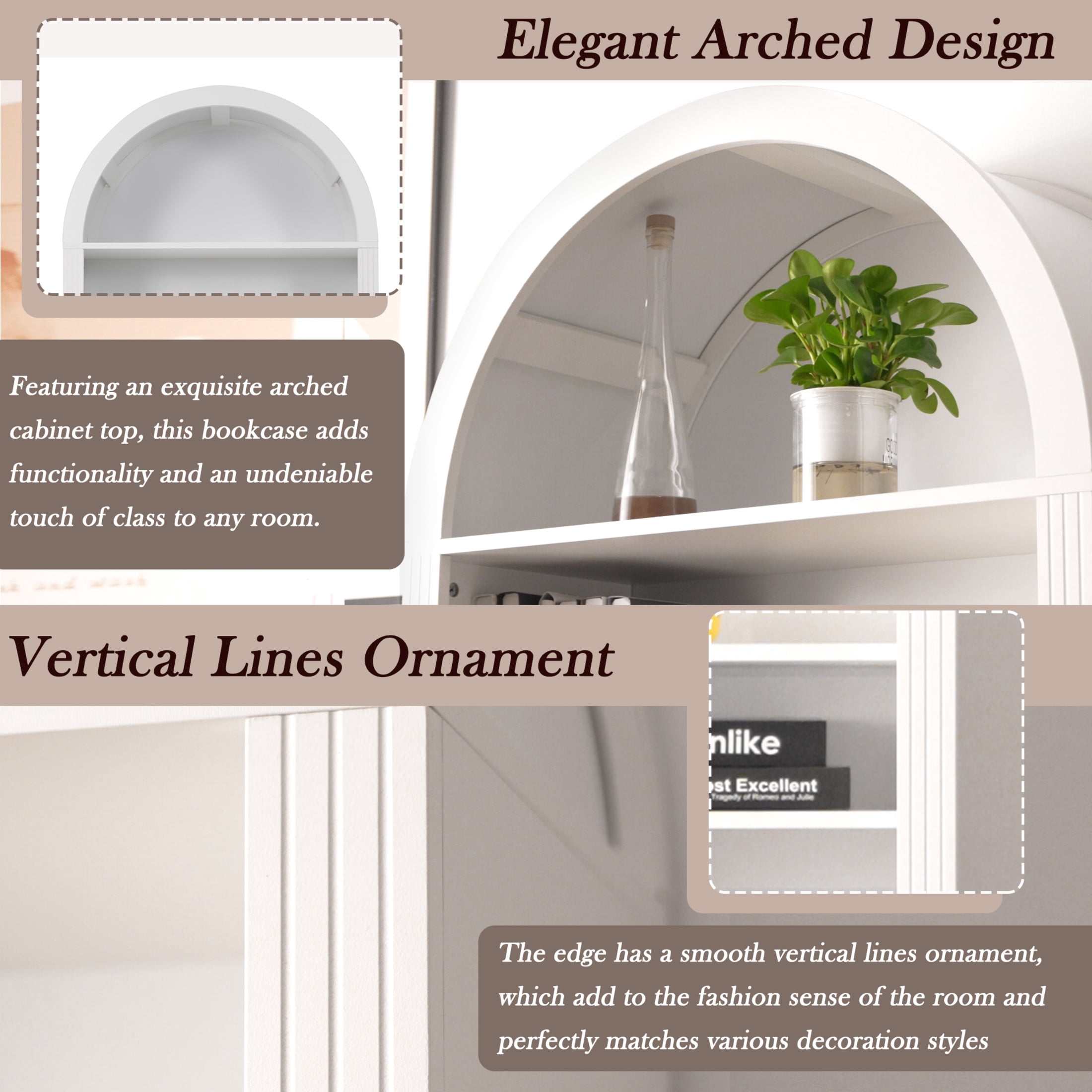 GDF Studio Corvel 70.9" Arched Bookshelf with Storage Cabinet & Adjustable Shelves, Kitchen Pantry Cabinet, White