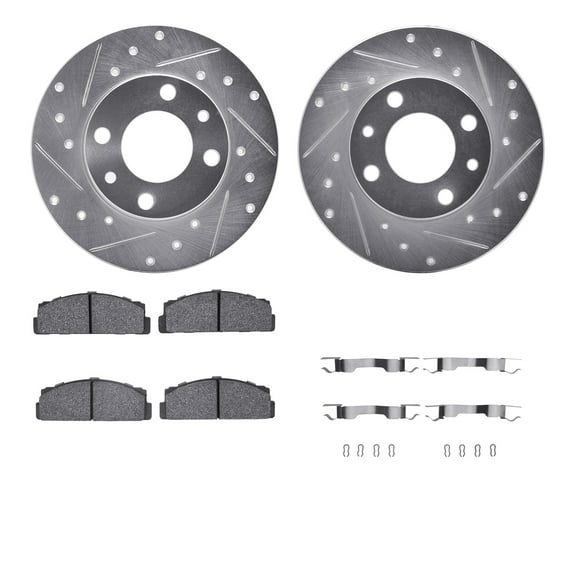 Dynamic Friction Company Front Brake Rotors-Drilled and Slotted-Silver with 5000 Advanced Brake Pads includes Hardware 7512-07002
