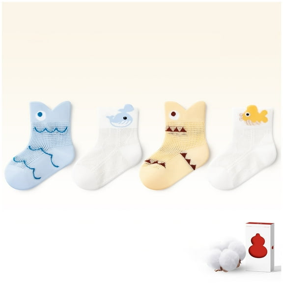 Beibi Baby Cotton Boneless Socks Gift Box - 4 Pairs - 0-6 Years Old Spring and Summer Thin Middle Socks - Individually Packed for More Hygienic