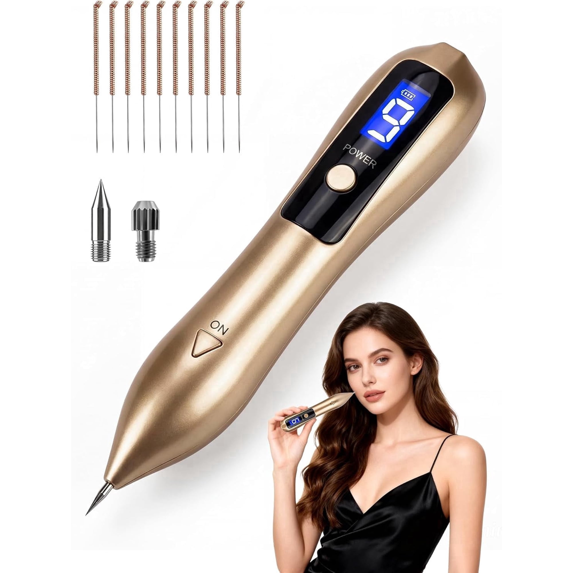 9-Speed Beauty Pen,Pen for Skin,with LCD Display & USB Charging,Skin Tag Repair Kit, with 6 Replaceable Heads (gold)