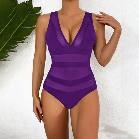 Plus Size Bikini Women S Sexy Swimsuit With Breast Pad Without Support Solid Color Mesh Splicing Hollow Out Purple Women Blending Bikinis S