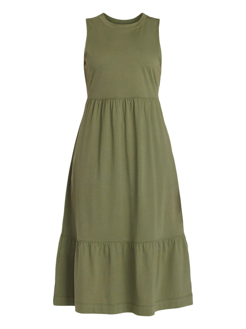 Time and Tru Women's Sleeveless Cotton Knit Tiered Midi Dress, Sizes XS-XXXL