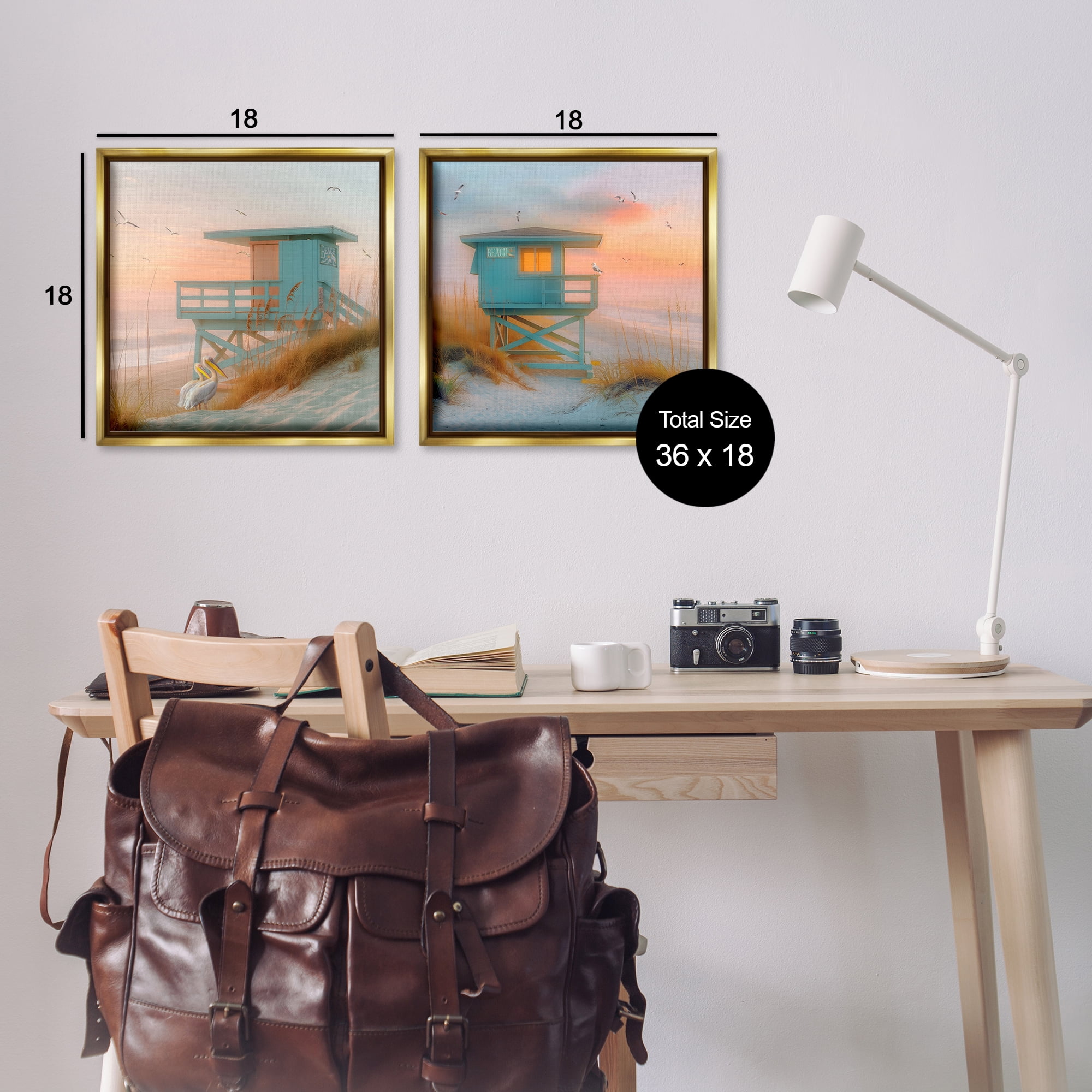 Stupell Industries Lifeguard Beach Hut Pelicans Nautical & Beach Painting Gold Floater Framed Canvas Art Print Wall Art, 18 x 18, Set of 2