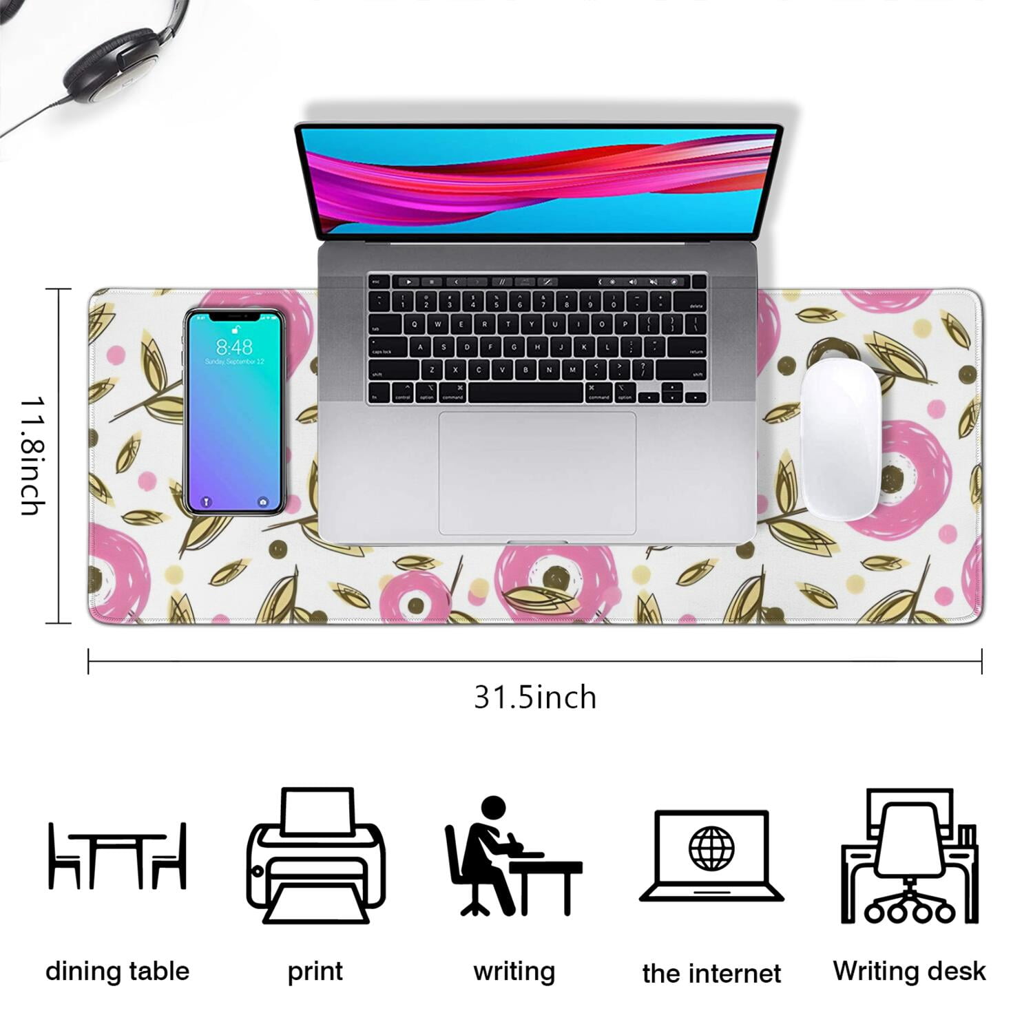 Long Mouse Pads for Desk,Pioneer Flower Floral Print Pattern Desk Mats on Top Of Desks, Desk Mouse Pad Extra Large with 3mm Non-Slip Base and Stitched Edge for Gaming,Office,Work,Home 31.5"x11.8"