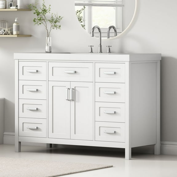 WGYPRIME 48" Bathroom Vanity with Sink, Modern Bathroom Vanity Cabinet with 2 Soft Close Doors and 8 Drawers, Freestanding Bathroom Cabinet