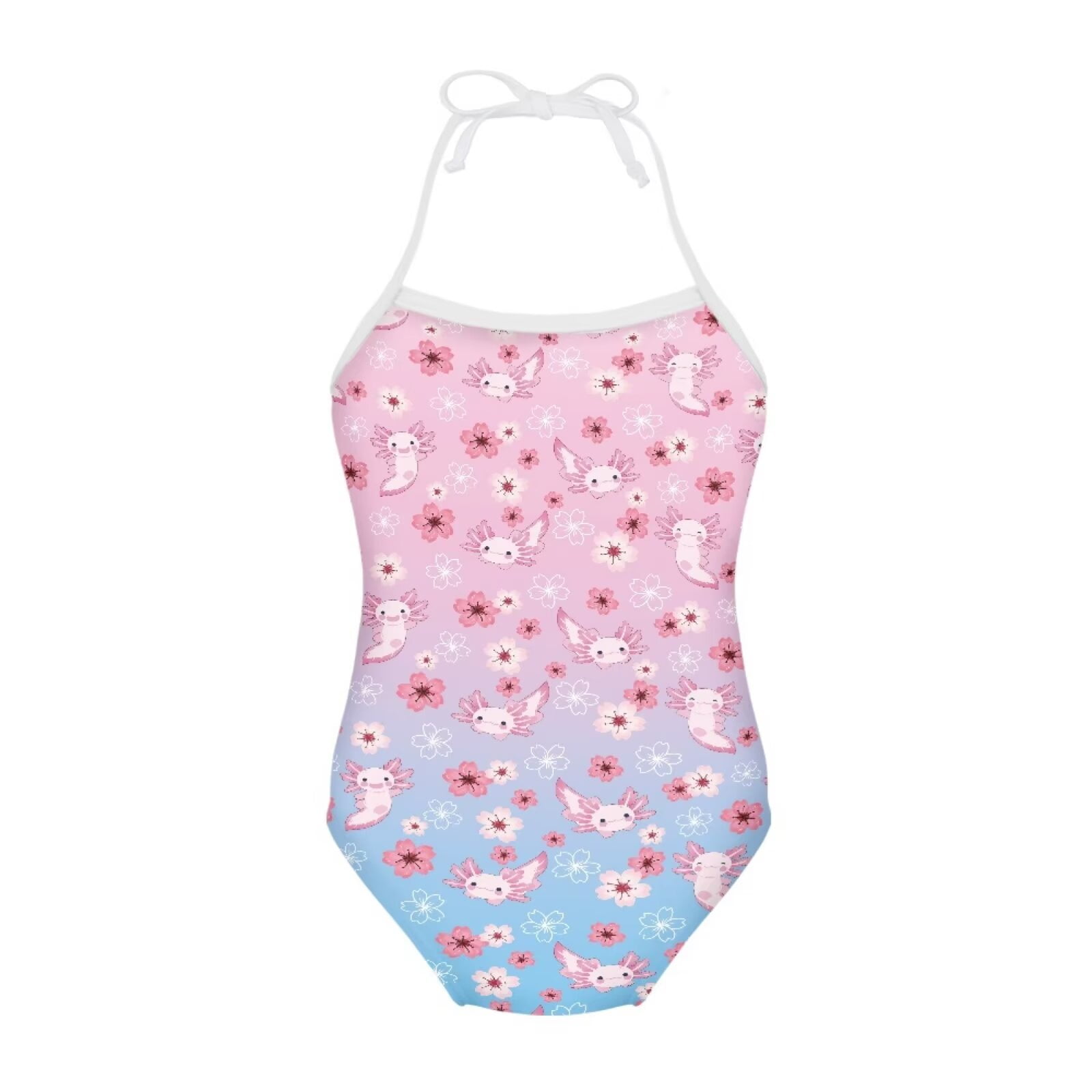 FOR U DESIGNS Cute Baby Girl Sleeveless Swimsuit Axolotl Halter Neck Bathing Suit for Swimming Surfing Blue Pink Pool Beach Outfit Girls Swimwear Size 3-4 Years
