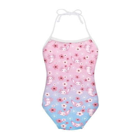 FOR U DESIGNS Cute Baby Girl Sleeveless Swimsuit Axolotl Halter Neck Bathing Suit for Swimming Surfing Blue Pink Pool Beach Outfit Girls Swimwear Size 9-10 Years