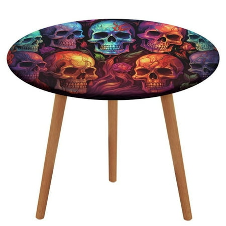 

Halloween Colored Skull Pattern Round Tablecloth Waterproof Elastic Table Clothes for Dining Table Cute Desk Decor Protector Cover