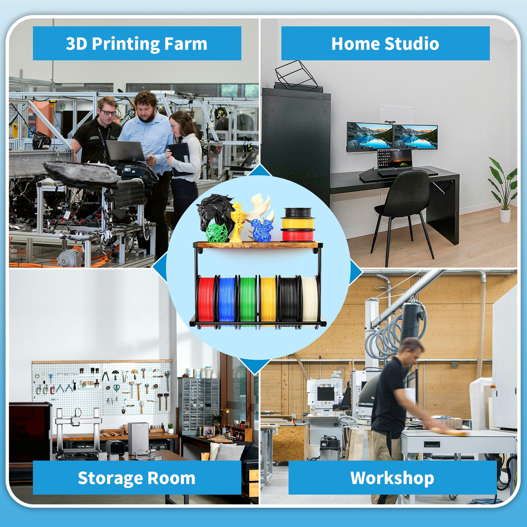2 Pack 3D Printer Filament Storage Rack, 2 Tier Wall Mount Filament Spool Holder, Heavy Duty 3D Filament Shelf Organizer, Metal Storage Rack for 3D Printing Studio, Workshop