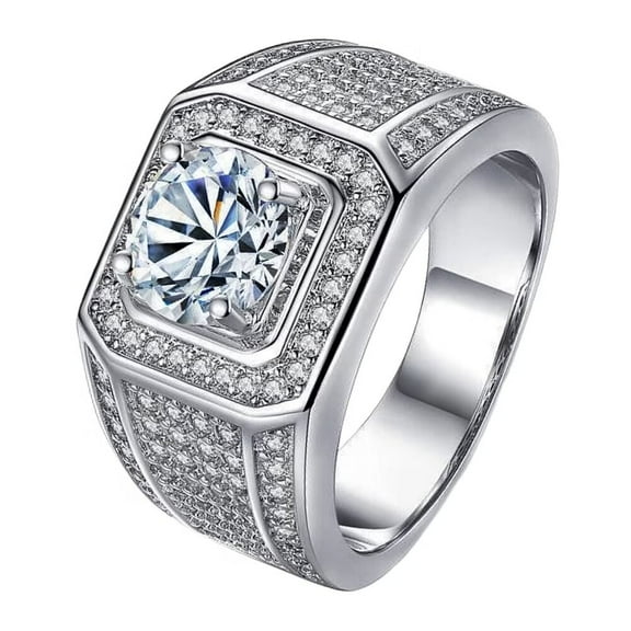 PAURO Women Men Stainless Steel Gemstone Ring with Cubic Zirconia Wide Eternity Statement Rings Wedding Band White Size 7