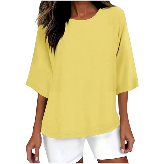Women Blouses Plus Size New Women's Solid Color Crew Neck Shirt 3/4 Sleeve Casual Yellow Xl