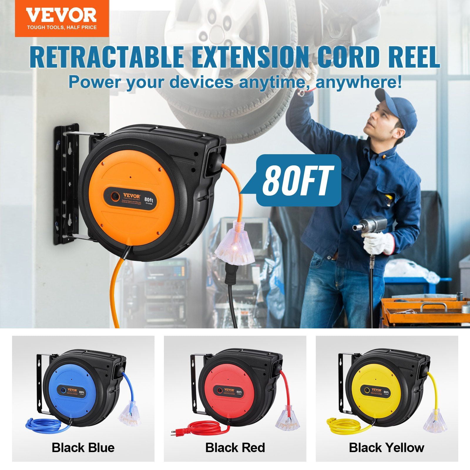 Heavy Duty Retractable Extension Cord Reel 80FT 12 Gauge 3C SJTOW for Workshop and Outdoor