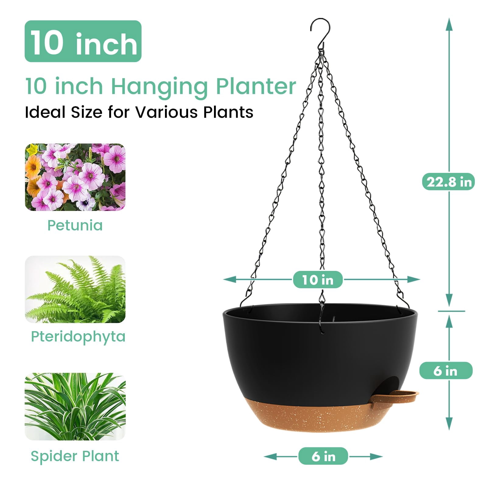 Set Of 3-10 Inch Self Watering Hanging Planters For Indoor Outdoor Plant Pots With Drainage & Removable Tray  Holder Ivy Pothos Ferns Balcony Patio Black Brown